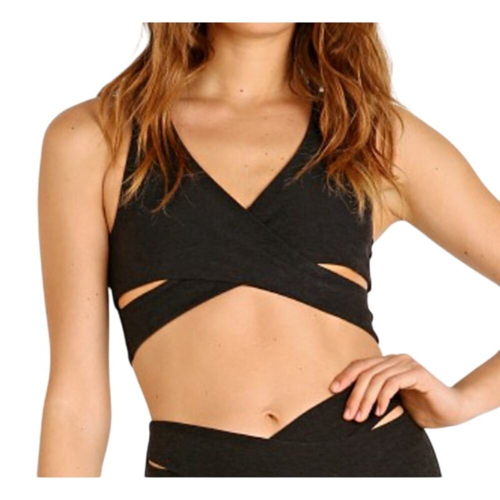 Beyond Yoga NEW Black Space Dye Wrap Cropped Workout Athleisure Cut Out Bra Tank